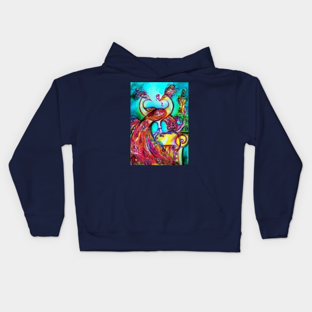 PEACOCKS IN LOVE Red Aqua Blue Turquoise Hues Kids Hoodie by BulganLumini